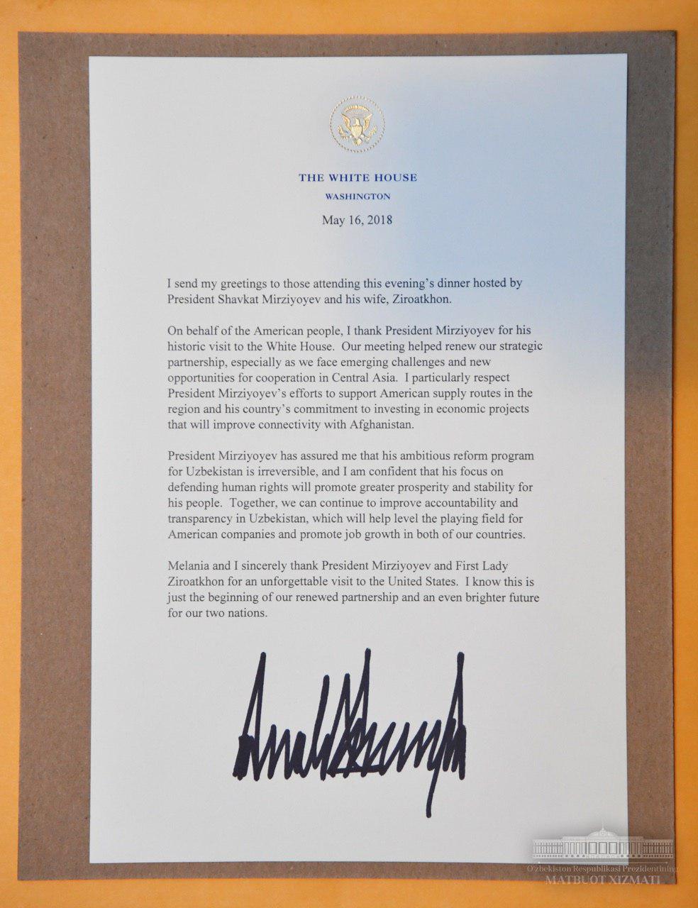 Послание Президента Дональда Трампа участникам приема, организованного в связи с официальным визитом Президента Узбекистана в США